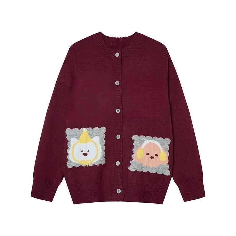 Red Cartoon Print Loose Cardigan Sweater