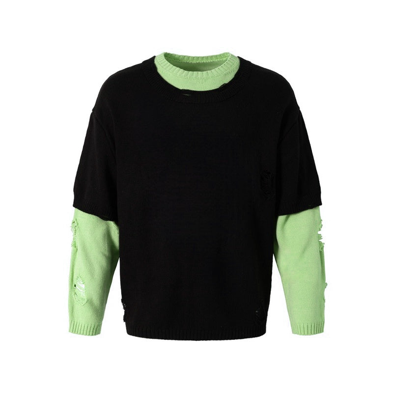 Distressed Hip-Hop Faux Two-Piece Sweater