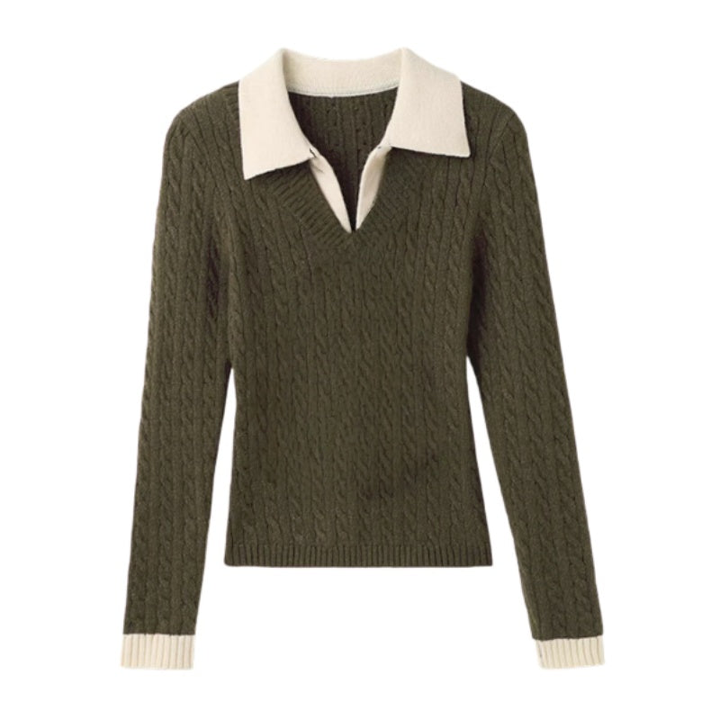 Polo Collar Faux Two-Piece Slim-Fit Green Sweater